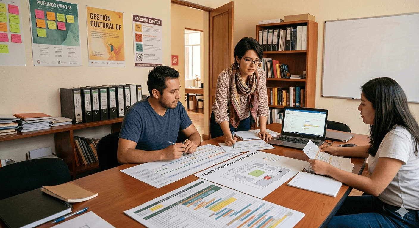 Una junta con tres personas de un proyecto cultural.