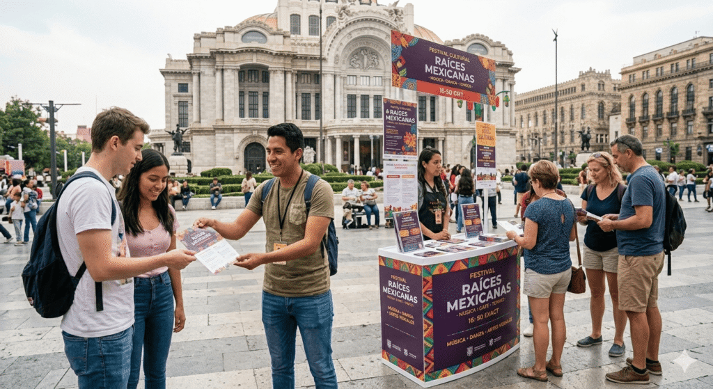 Personas en la explanada de Bellas Artes promocionando un evento cultural.