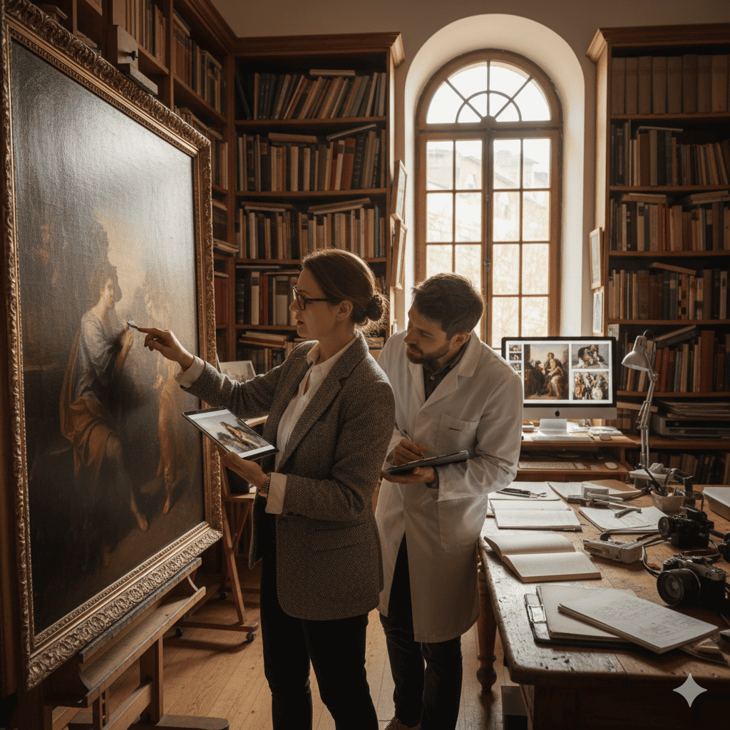 Dos personas que están revisando un cuadro.