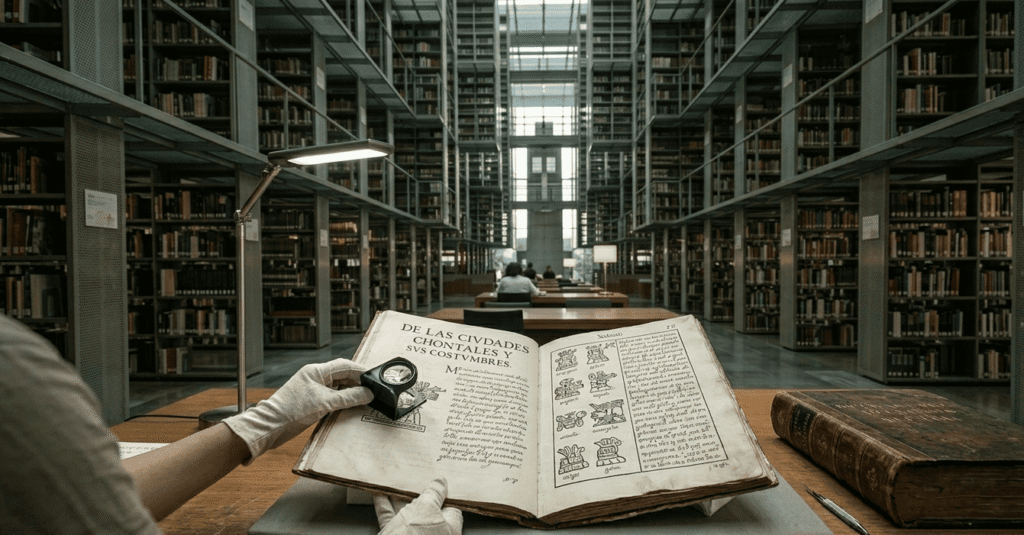 Persona haciendo una investigación con un libro en la Biblioteca Vasconcelos, México.