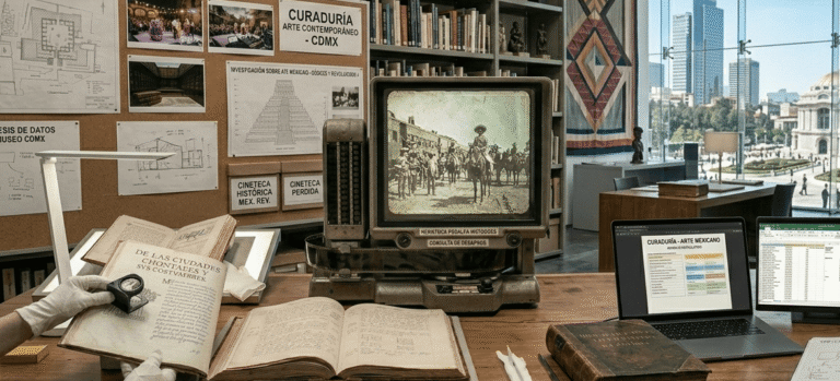 Curador en su oficina, revisando un libro en su escritorio en la Ciudad de México.